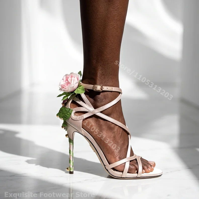 Luxury Rose High Heels Black Strappy Sandals Stiletto Silk Sexy Elegant Summer Banquet Party Dress Shoes for Lady Women Fashion - view 2