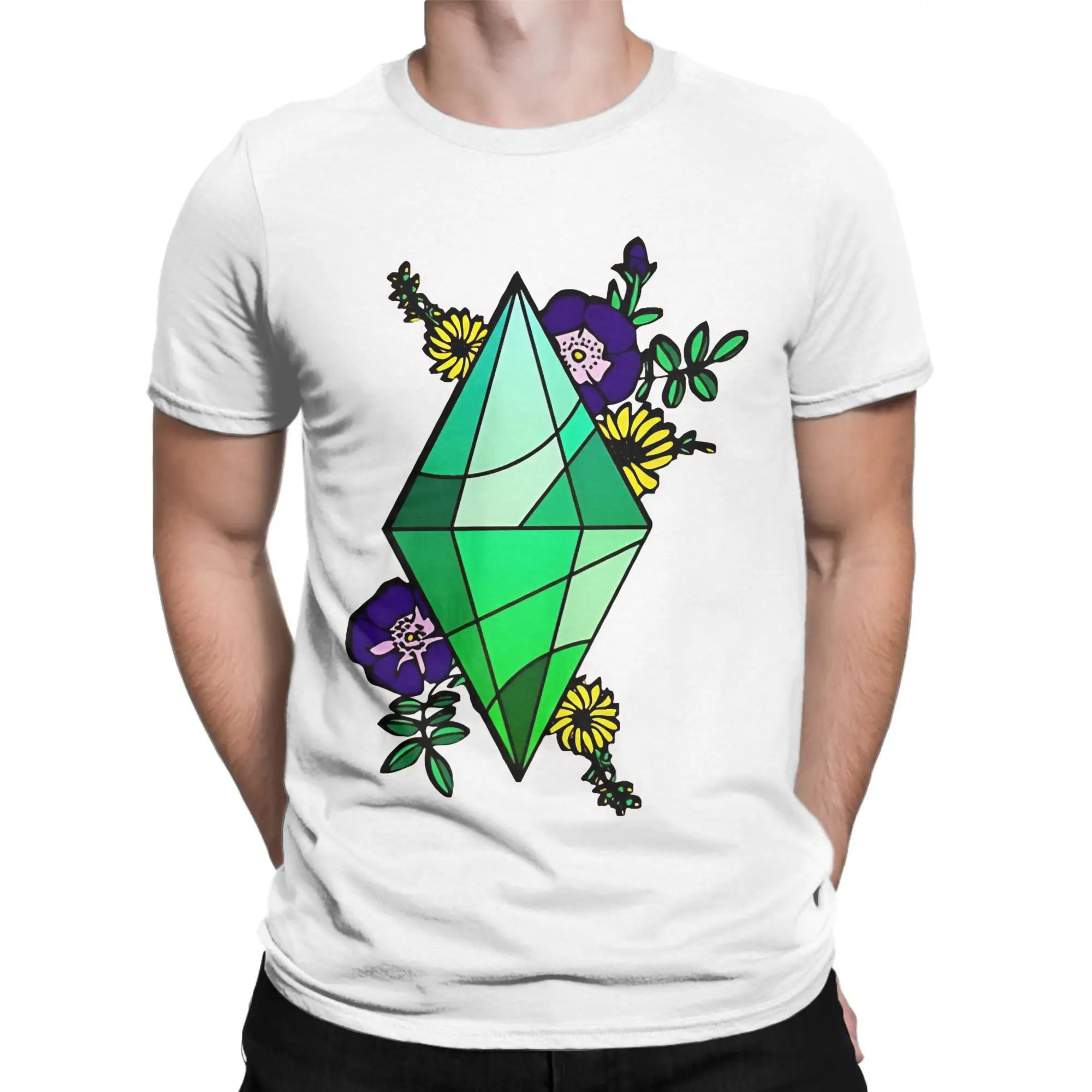 Novelty Stained Glass Plumbob with Flowers Sims T-Shirt for Men Round Neck 100% Cotton T Shirt The Sims Tees Plus Size Clothes