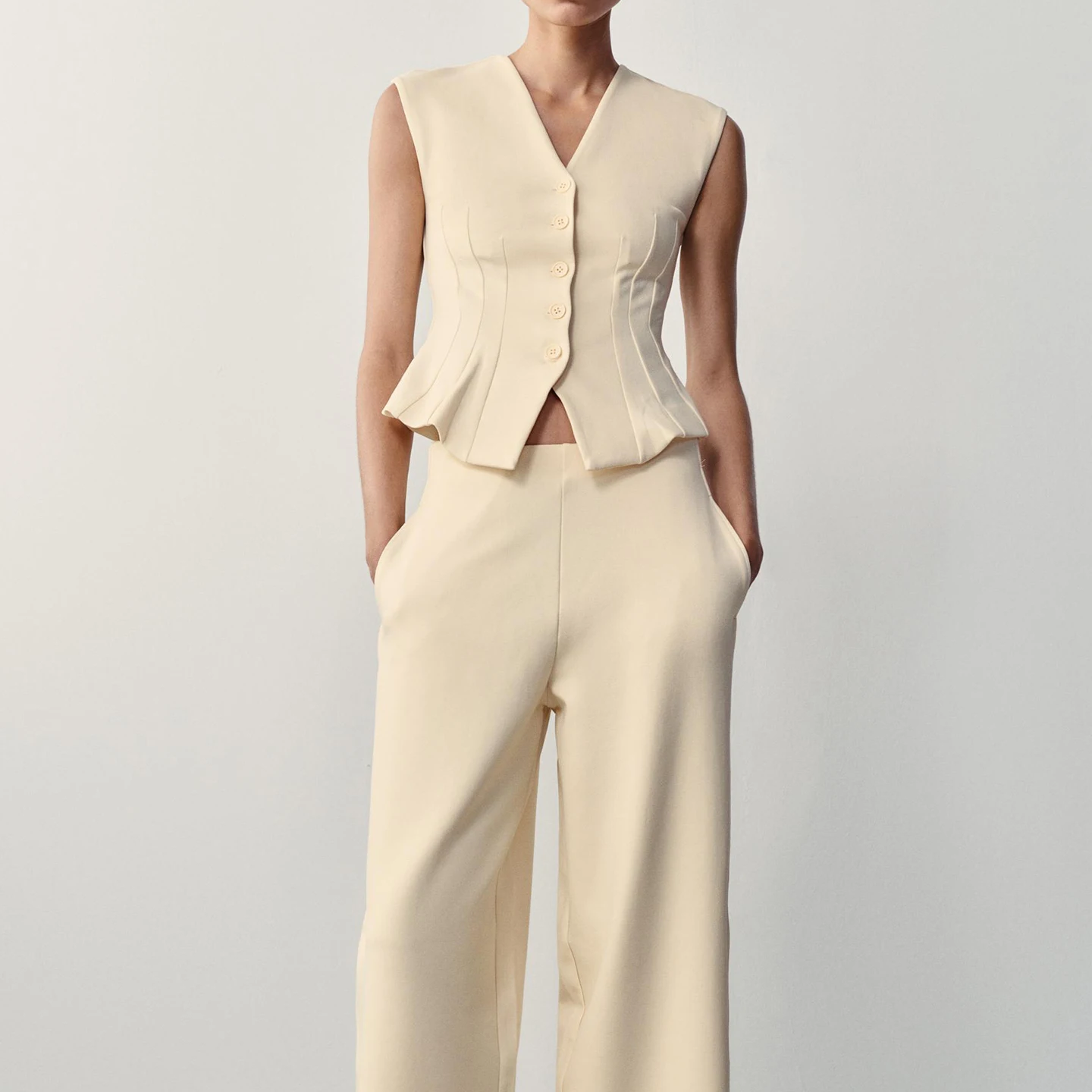 Women's Fashion V-neck Double-sided Fabric Buttoned Vest Top And Wide Leg Pants Set Autumn Collection ZADATA Brand