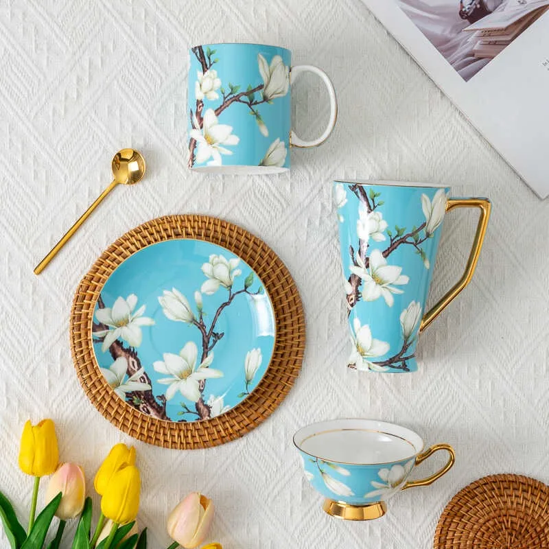 Elegant Sky‑Blue Magnolia Print Ceramic Cup, Gold‑Edged Porcelain Coffee Mug for Tea Time & Table Display