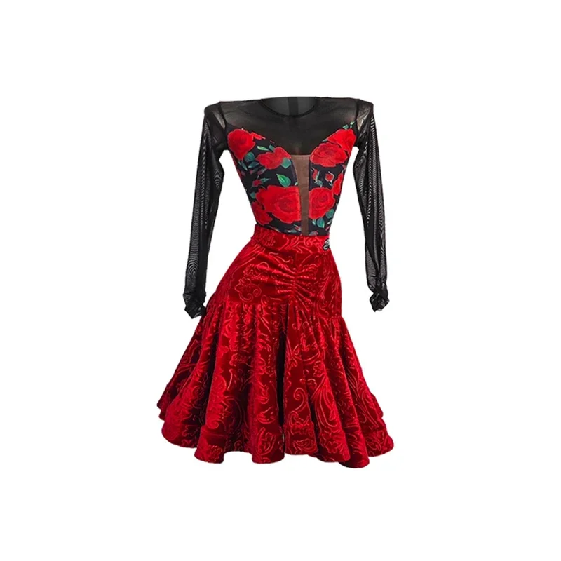 ChaCha Rumba Competition Dress Latin Dance Performance Costume Mesh Long Sleeve Tops Red Velvet Skirt Practice Clothes
