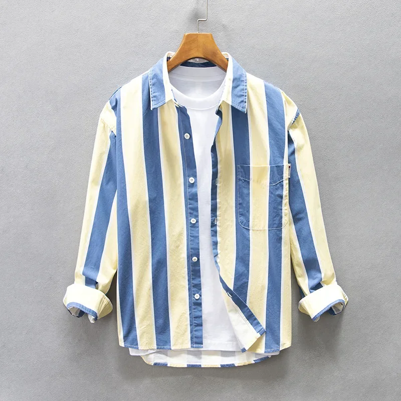 Men Clothing 2023 Autumn Winter New Men's Loose Casual Shirts Pockets Blue and Yellow Striped Fashion Cotton Comfortable Tops