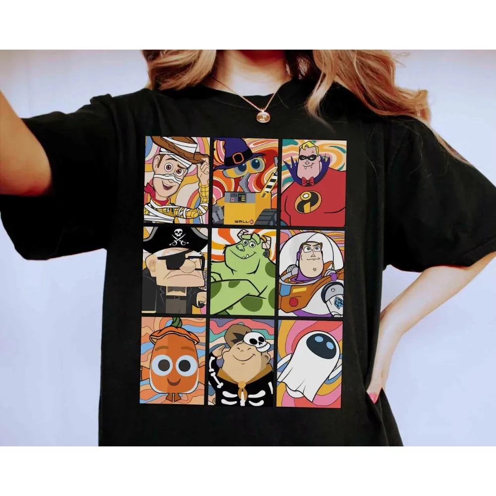خمر شخصيات ديزني بيكسار هالوين صور المرأة الرجال القطن تي شيرت لعبة قصة الهيكل العظمي سيارات المومياء الوحش Inc المحملة