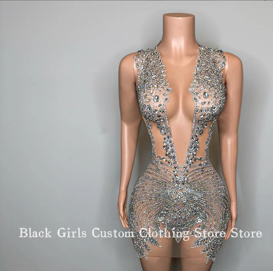 

Sexy See Through Short Cocktail Dress For Women Silver Shiny V Neck Cutout Crystal Beaded Applique birthday dresses Custom