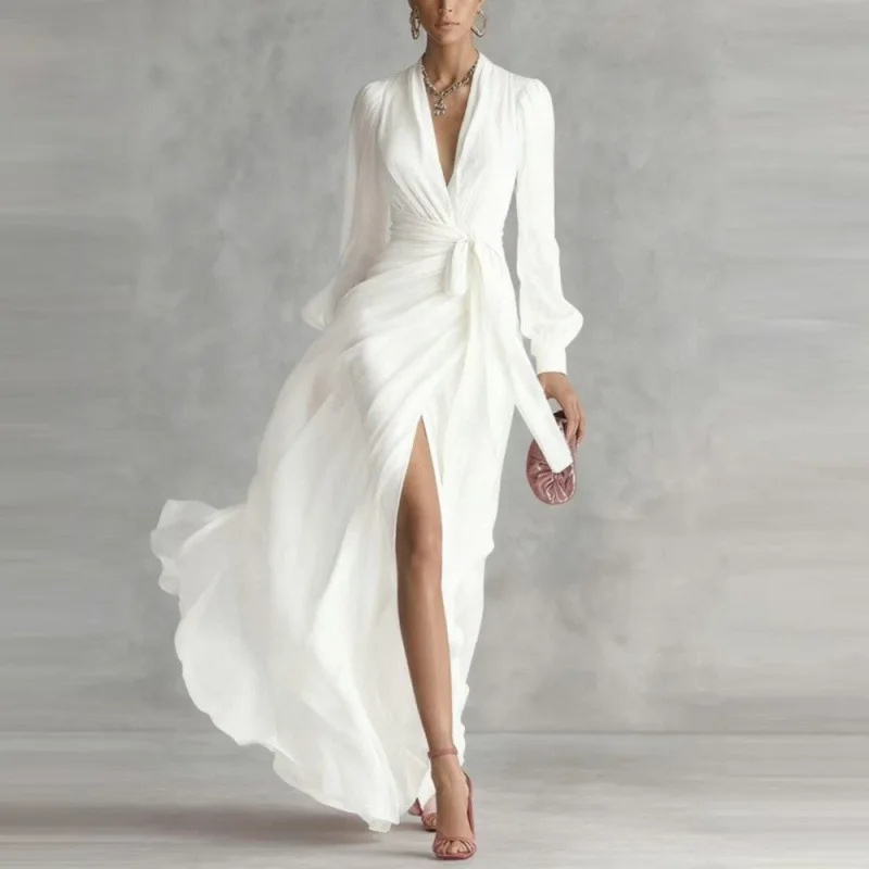 2026 New V-neck Solid Color Waist-cinching Long-sleeve High-slit Flowing Chiffon. Clothes For Women. Summer Dresses 2026 Beach