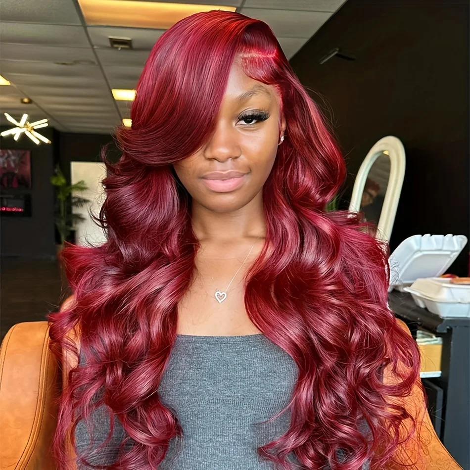 30 Inch Brazilian Loose Body Wave 99J Burgundy 13x4 Lace Frontal Wig 220% Density Pre Plucked 13x6 HD Lace Front Human Hair Wig