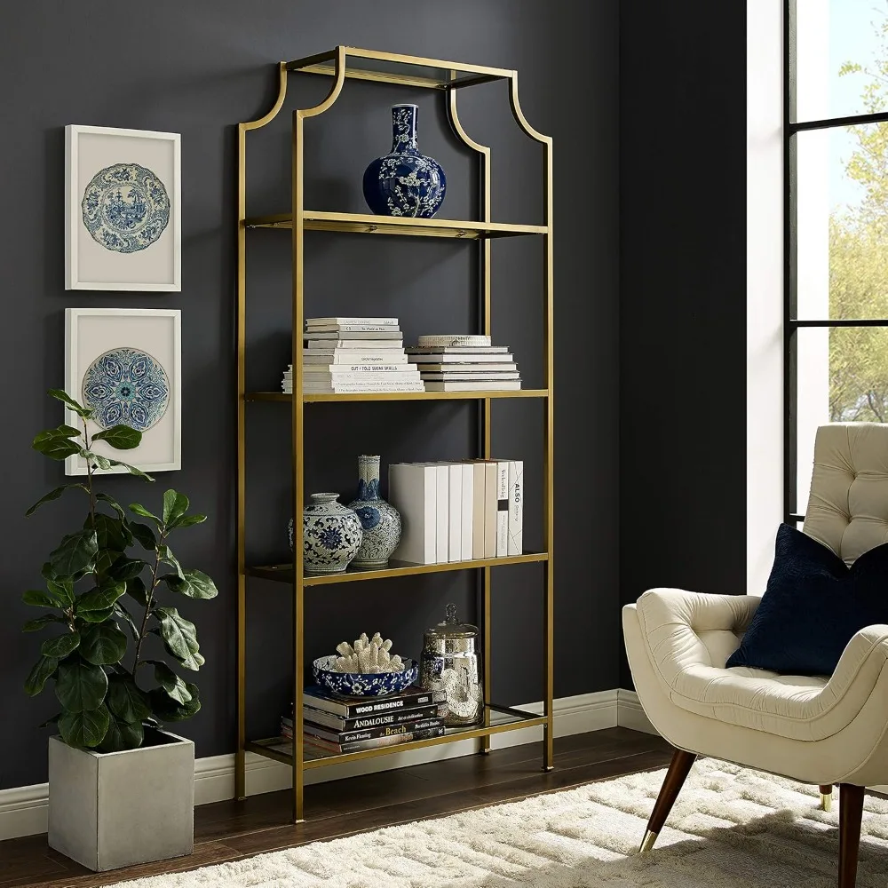 Aimee Bookshelf With Glass Shelves, Bookcase Storage, Gold And Glass