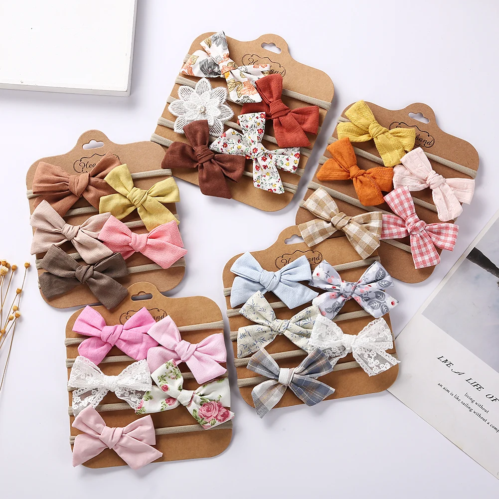 5Pcs/Set Baby Bow Headband Lace Flower Print Nylon Cotton Hair Bands for Children Girls Non-Wave Newborn Toddler Accessories