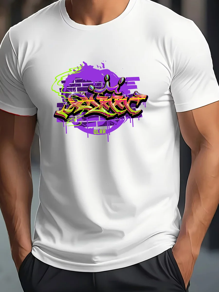 

White Crew Neck Short Sleeve T-Shirt with Vibrant Graffiti Pattern and Purple Splatter Design for Streetwear Style