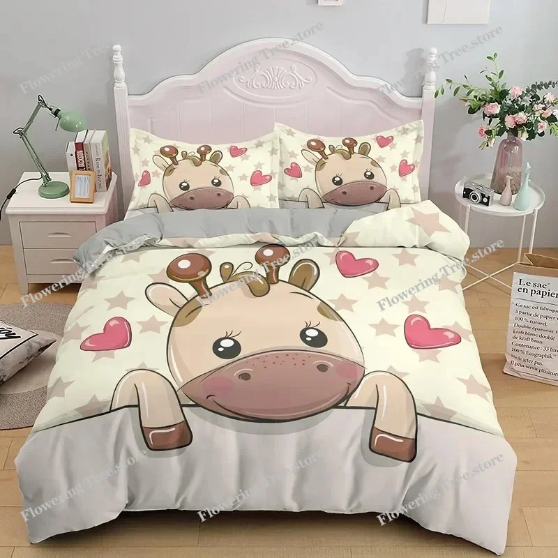 Cartoon Giraffe Duvet Cover King Queen Tropical Animals Bedding Set for Kids Boys Girls Lovely Wildlife Polyester Quilt Cover
