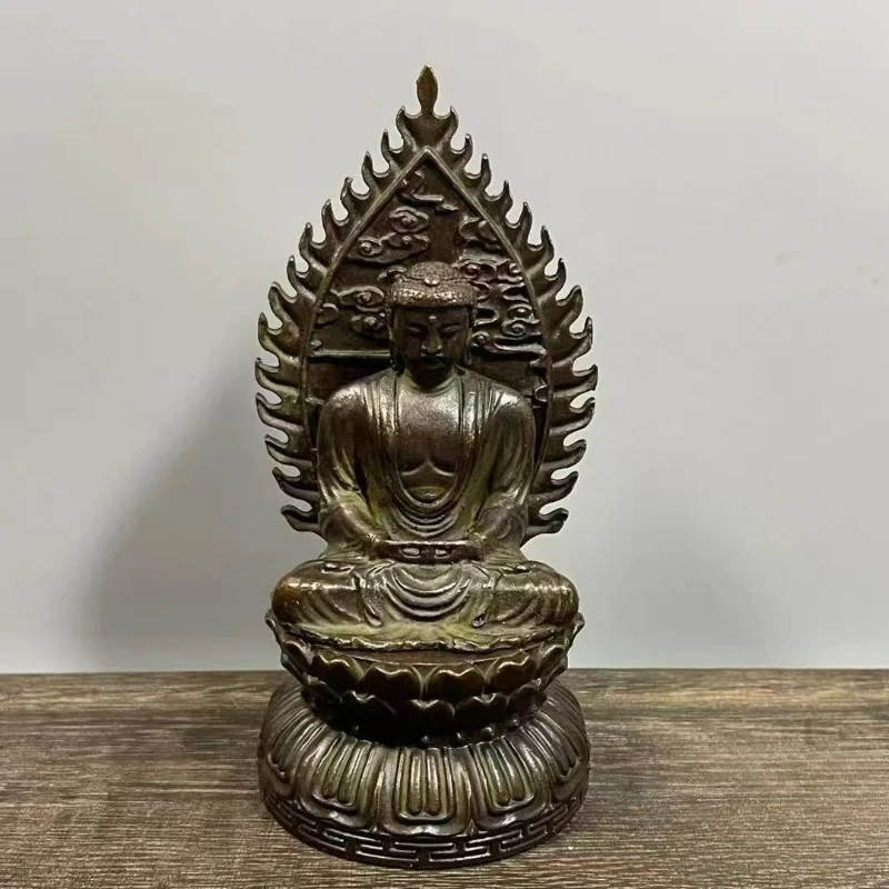 Antique Bronze Buddha Statue Home Collection Auspicious Cloud Backlit Lotus Seat for Peace and Home Worship Decoration