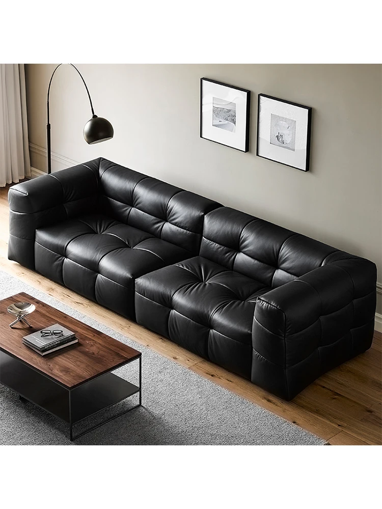 Cotton candy full leather sofa black Italian minimalist sofa retro modern three person straight row Z