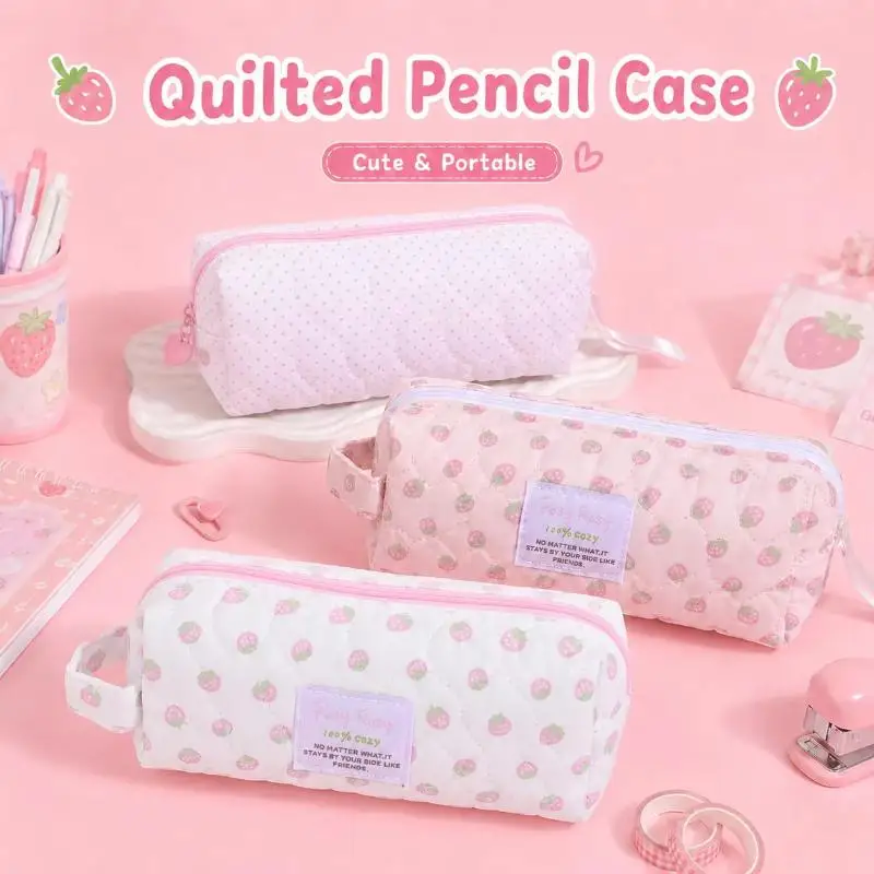 Strawberry Print Pencil Case Quilted Zipper Pouch With Handle Portable Stationery Organizer For School Office Travel Supplies
