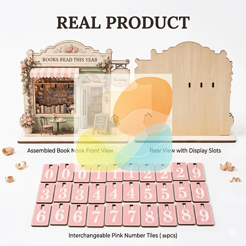 Vintage 2D Flat Wooden Reading Tracker Flip Tile Book Count Calendar for Home Office Desk Decor