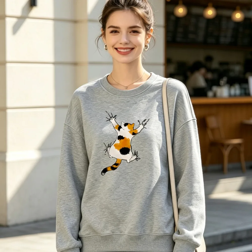This Long-Sleeve T-Shirt Features a Cute And Humorous Design with a Calico Cat And a Wall-Scratching Pattern  Breathable Fabric