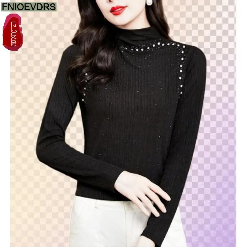 S-3XL New Year Black Bling Tops Women Winter Basic Wear Fashion Retro Vintage French Design Shirts Beaded Tops Blouses