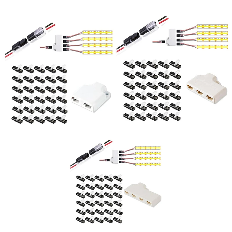 30Pack Double - Wire Plug-In Connector, Pluggable 2/3/4 Pin 3 Way LED Wire Connectors Low Voltage Wire Connectors Easy Install