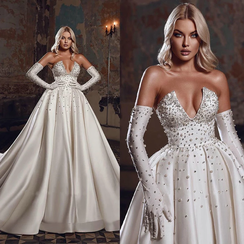 

Charming Strapless Wedding Ball Dresses Beading Crystal Saudi Arabic Bridal Gown Pearls Satin Dubai Dress Vestido De Novia