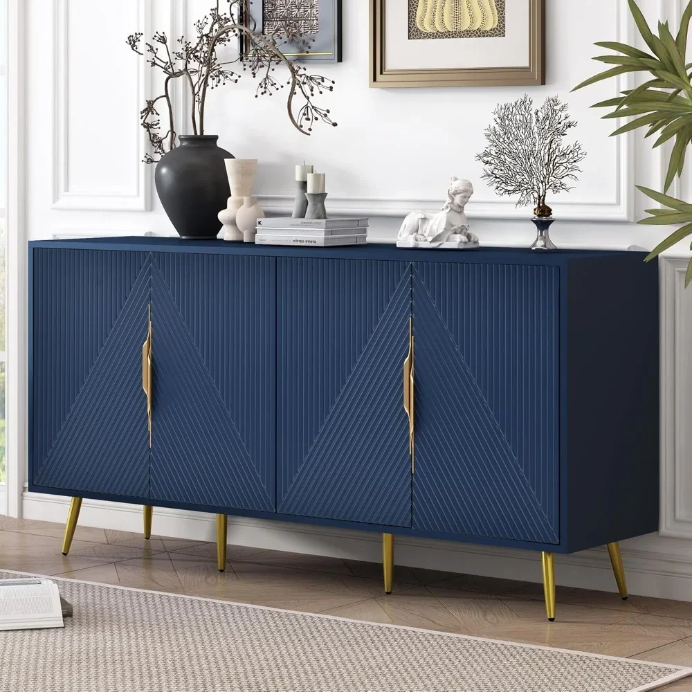 

Sideboard Storage Cabinet, Wood Buffet Console Table With Wave Geometric Design,Navy Blue|