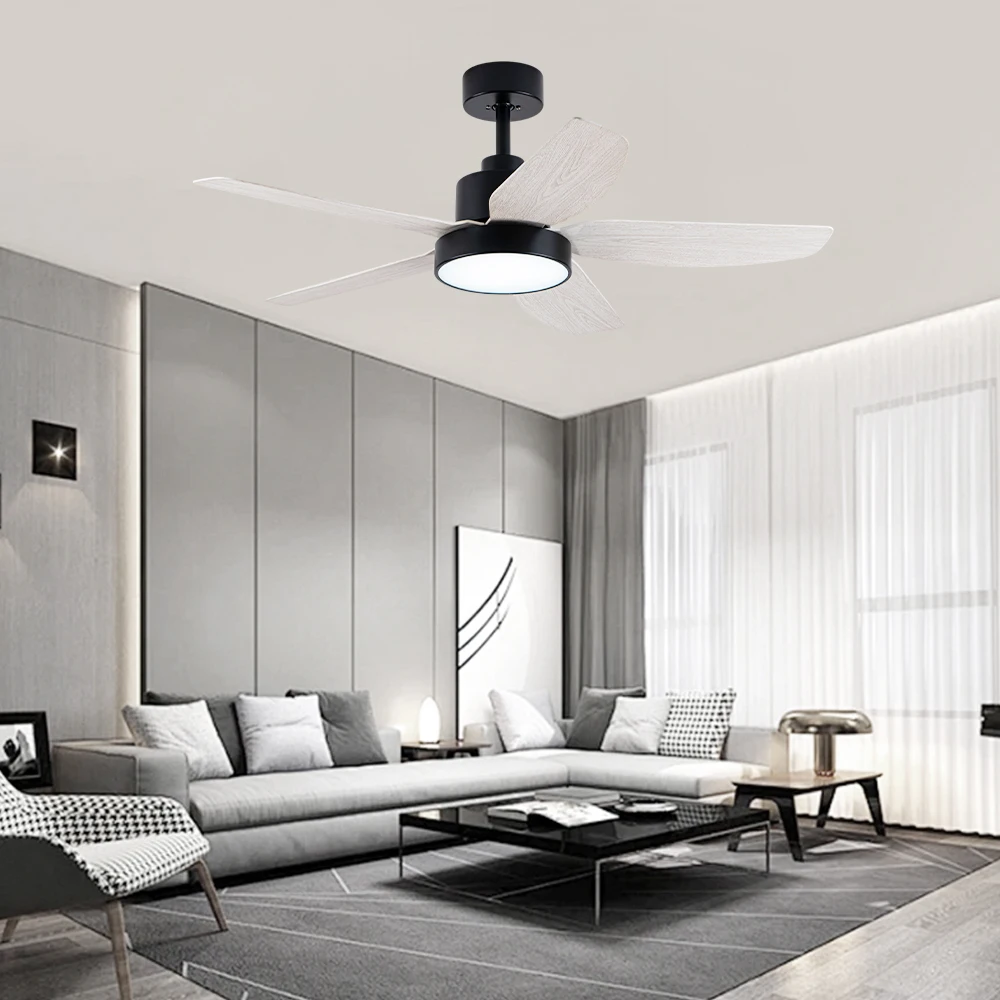 Modern 42 Inch 5 Blades Iron LED Wood Grain 3 Colors Leaf Ceiling Living Room Lamp Light Remote Control Fan