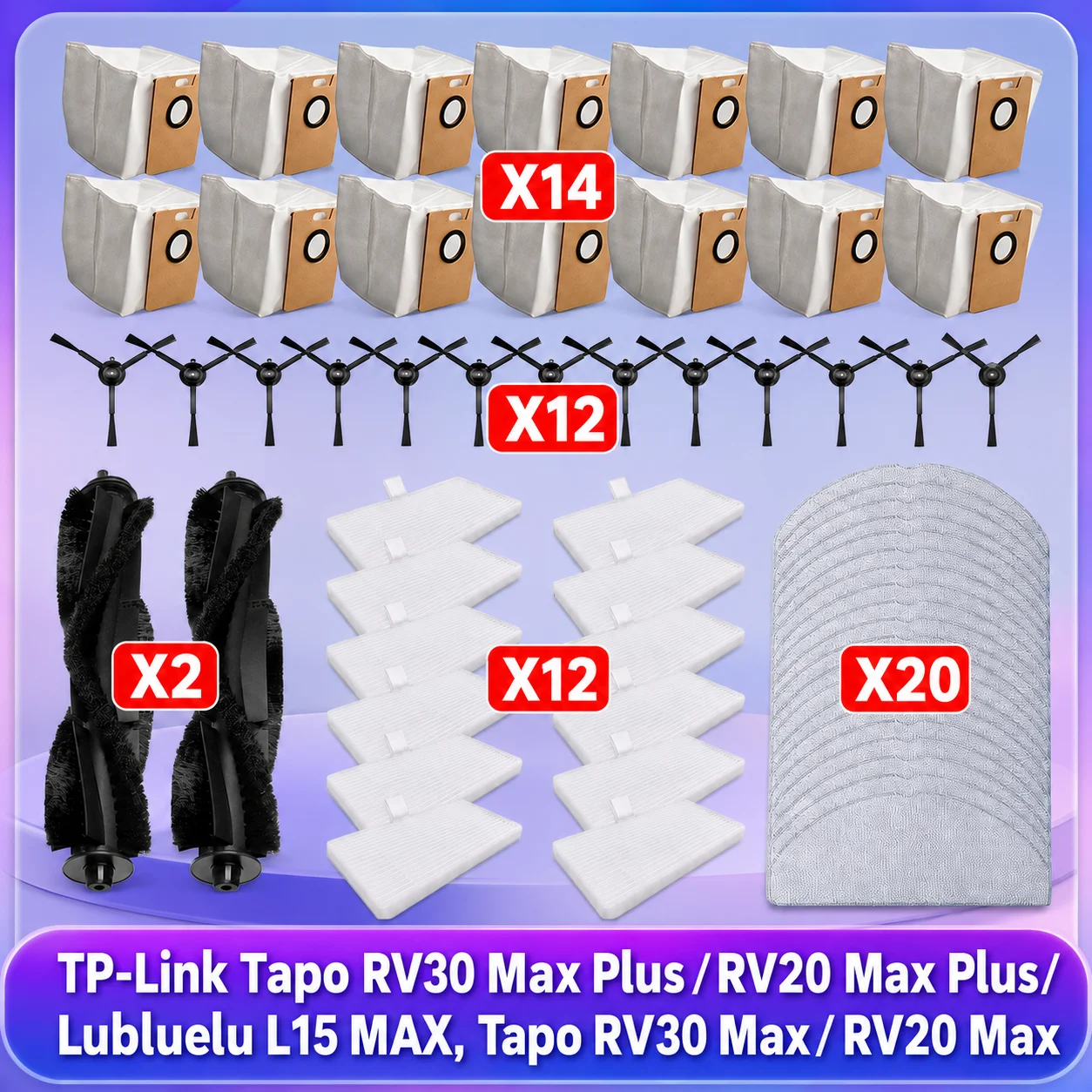 Compatível com (Lubluelu B40 Plus, Lubluelu L15 MAX, TP-Link Tapo RV30 Max Plus / RV20 Max Plus / RV30 Max / RV20 Max) Peças: Saco de pó, Filtro HEPA, Escova principal, Escova lateral, Pano de limpeza