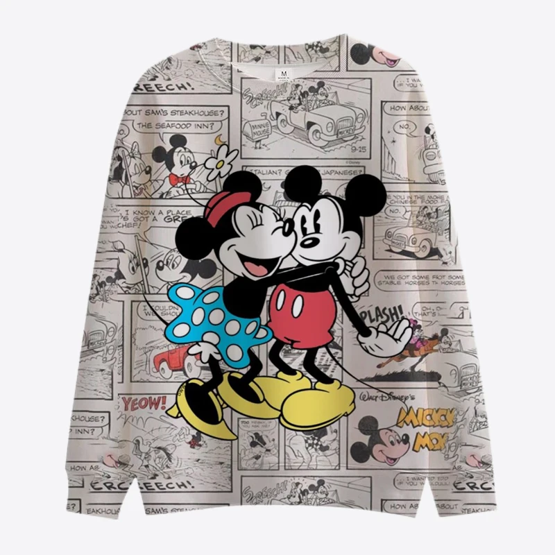 Cartoon Disney Winnie the Pooh and Mickey Minnie Sweatshirt Ladies Crew Neck Loose Pullover Autumn Fun Print Long Sleeve Top