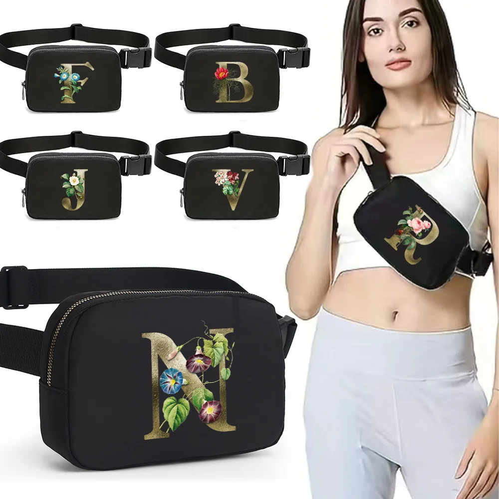 

Waist Bag Women Waterproof Purse Pocket Casual Cross Bag Printing Golden Flower Series Adjustable Strap Sports Organizer Bags