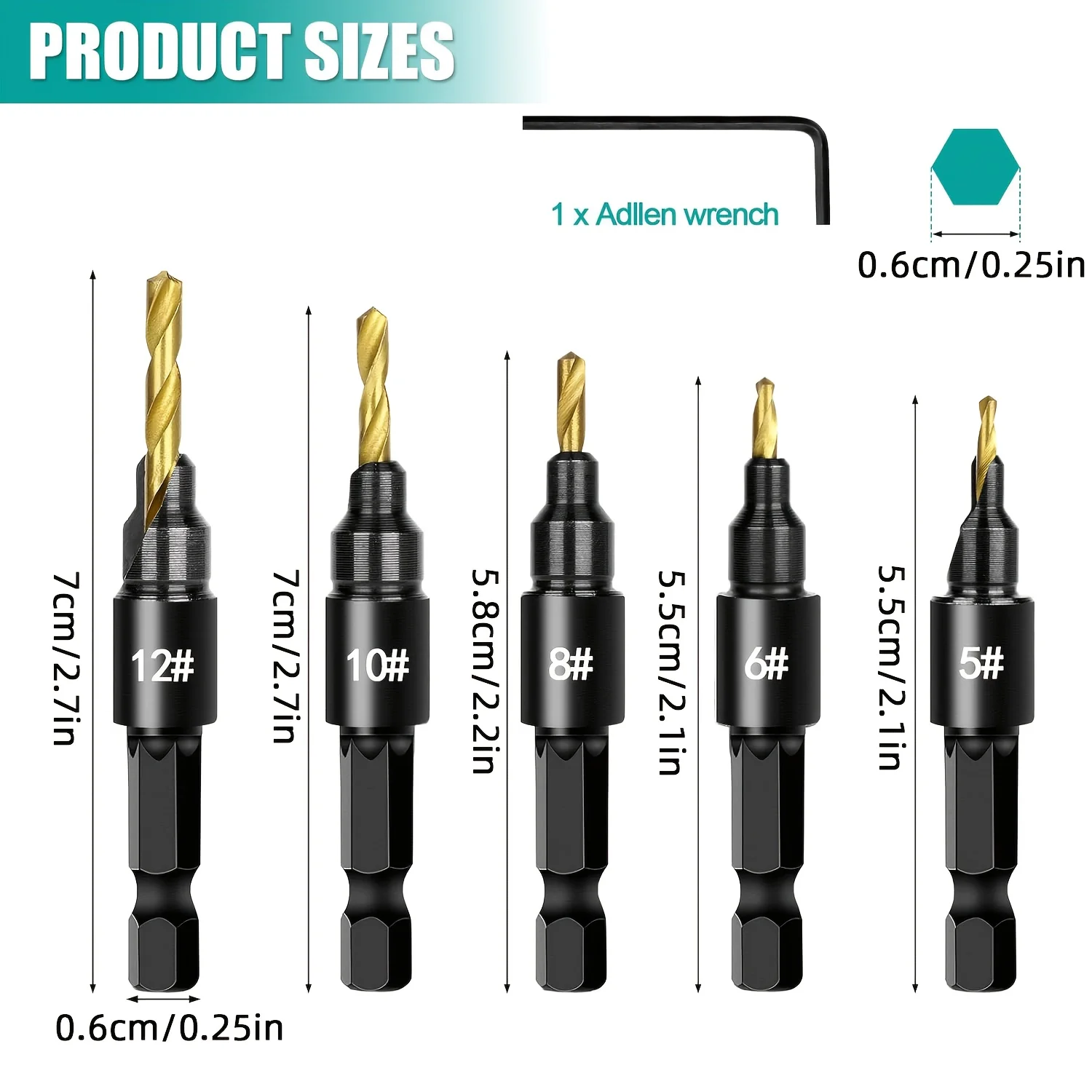 Countersink Drill Bit Set, 11 PCS Counter Sink Drill Bit Adjustable, #4, #6, #8, #10, #12, Precise Drilling, Easy to Disassemble