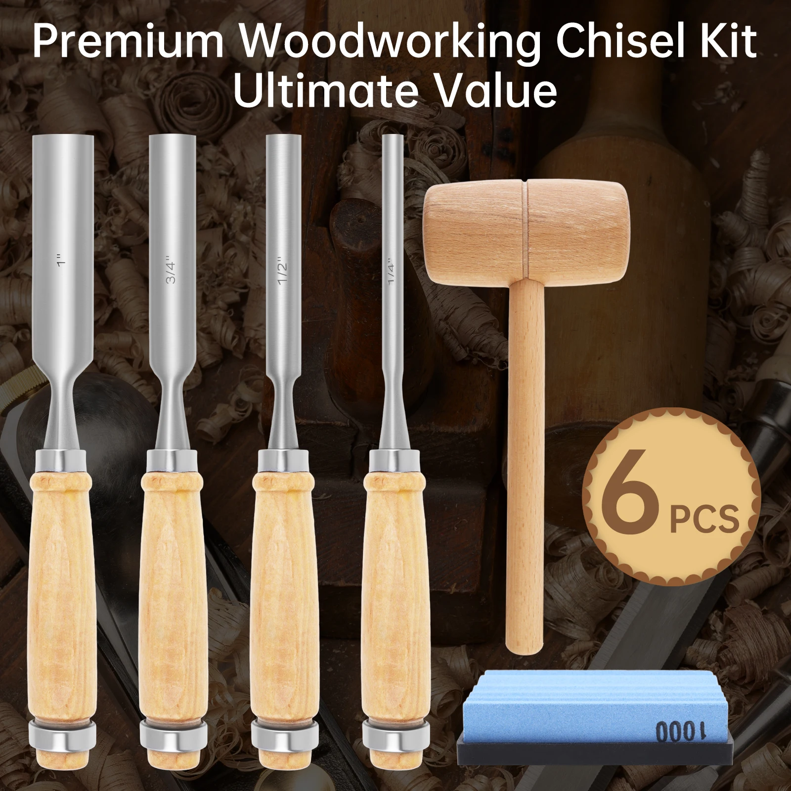 Picture 4: 6pcs Chrome Vanadium Steel Semicircle Chisel Set Woodworking Tool Hammer 1000 Grit Sharpening Stone Carpenter Gouge Chisel Kit