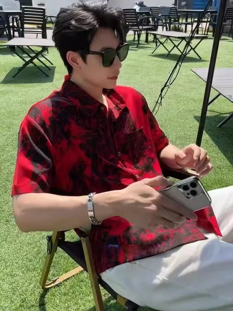 

Summer Thin Original Personali Asymmetrical Print Loose No Ironing Haome Red irt Men's Breathable ort Sve Casual ...