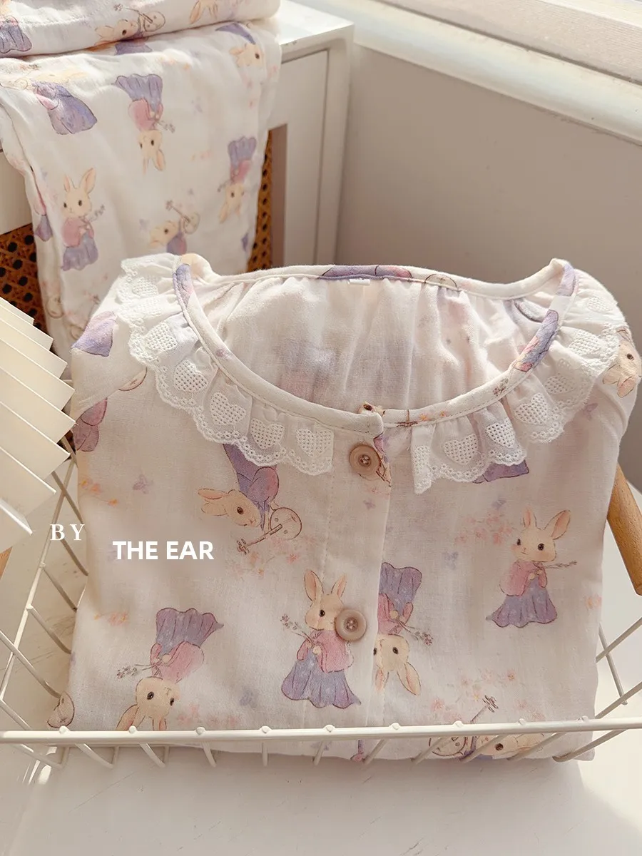 

Комплект домашней одежды из чистого хлопка с цветочным принтом для женщин: тонкий, комфортный, без воротника, с длинными рукавами, для зимнего отдыха