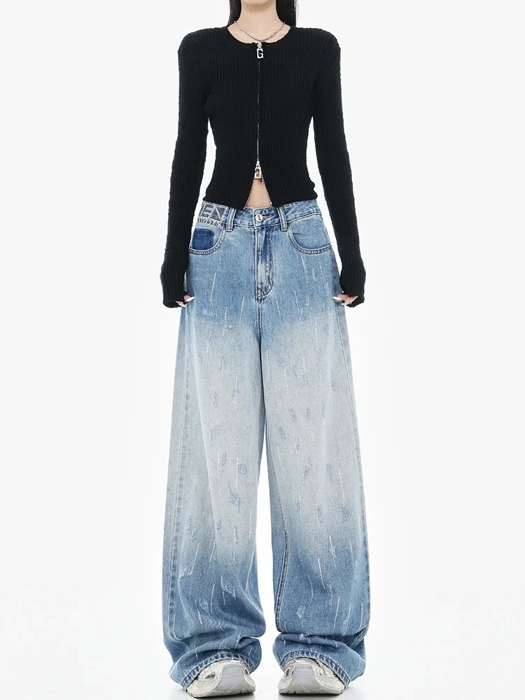 

Spring and Autumn New Women's Jeans, Retro High Waist Hot Diamond Loose Wide Leg Pants
