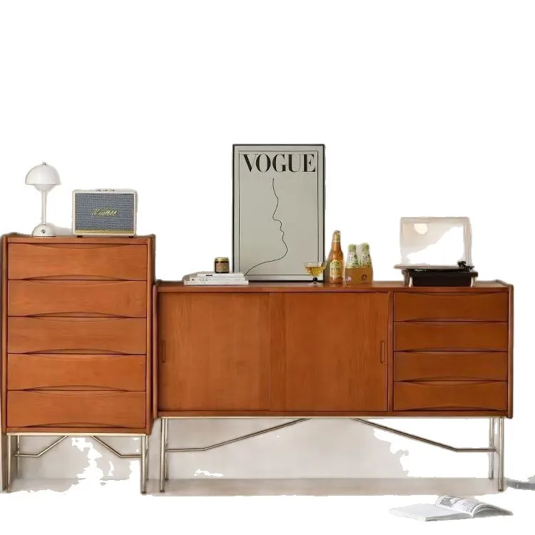 LH solid wood dining side cabinet retro tea and wine cabinet stainless steel medieval furniture