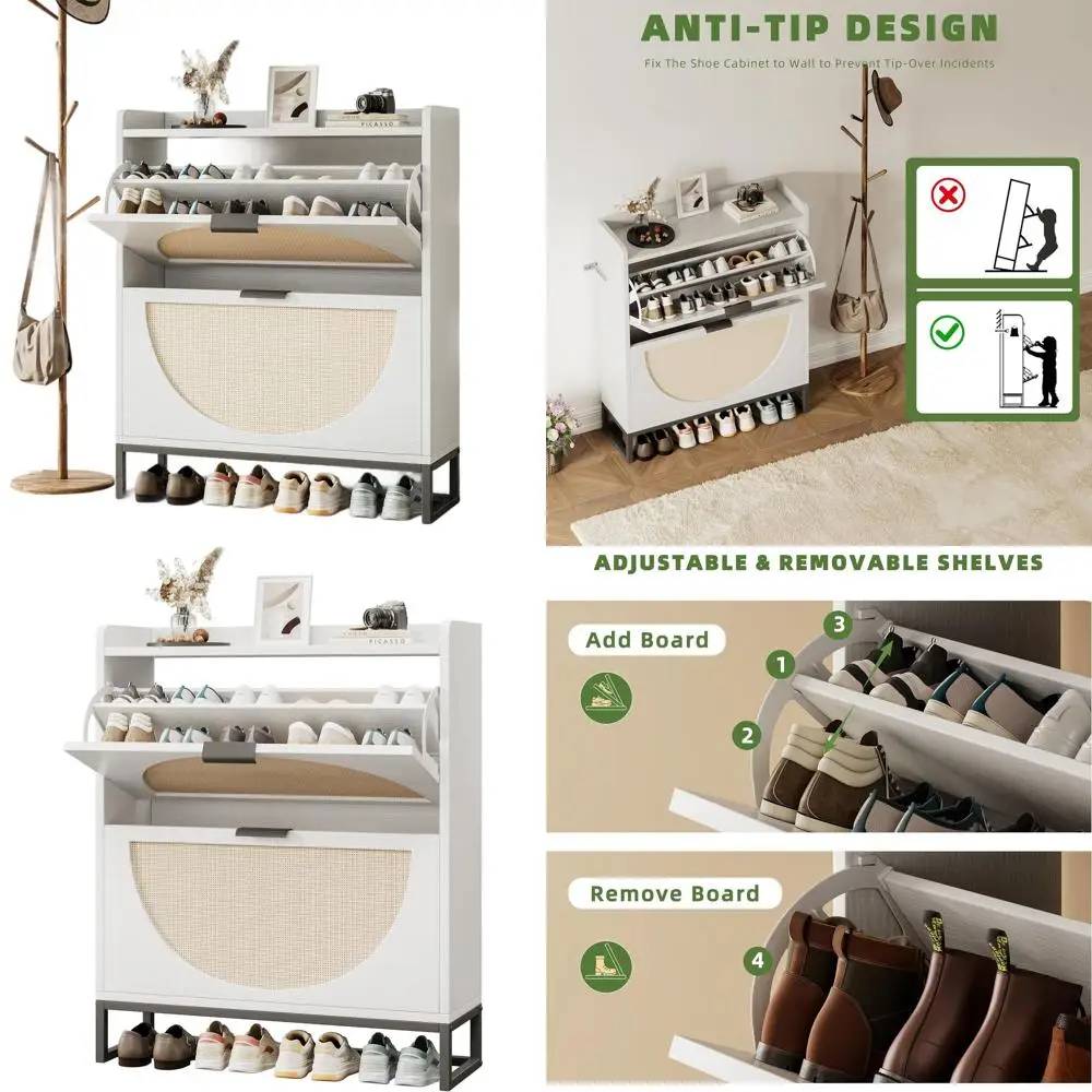 

Большой белый шкаф для обуви из ротанга со скрытыми ящиками для узких пространств в прихожей или коридоре