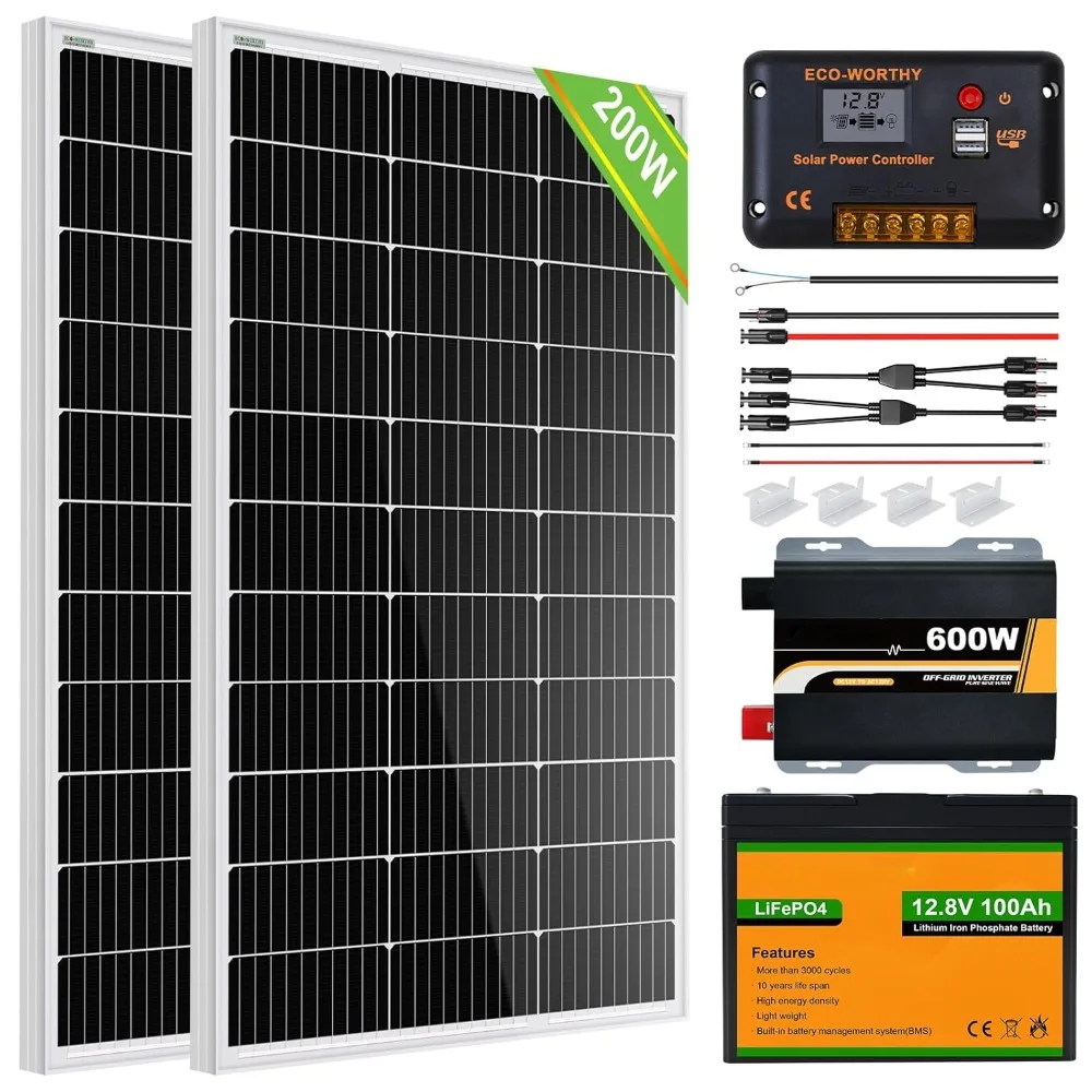 200 Watt 12V Complete Solar Panel Kit with Battery & Inverter, 2pcs 100W Solar Panel 30A Charge Controller, 600W Solar Inverter