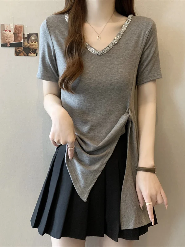 

Женская летняя футболка с V-образным вырезом, облегающая, с высокой талией, из хлопковой смеси, с богатой отделкой, повседневный топ