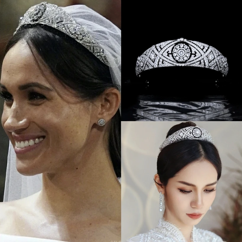 Himstory Royal  Cubic Zircon Mary's Bandeau Queen Tiara Princess Meghan Wedding Bridal Diadem Jewelries Headpiece Accessories