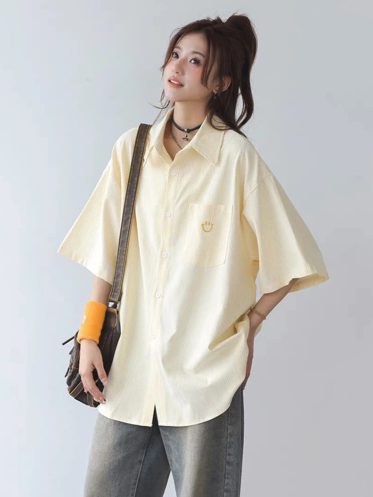 

Zoki Cute Yellow Striped Shirt Women Loose Vintage Preppy Style Pocket Blouse Japan Oversize Short Sleeve Retro Summer Lady Tops