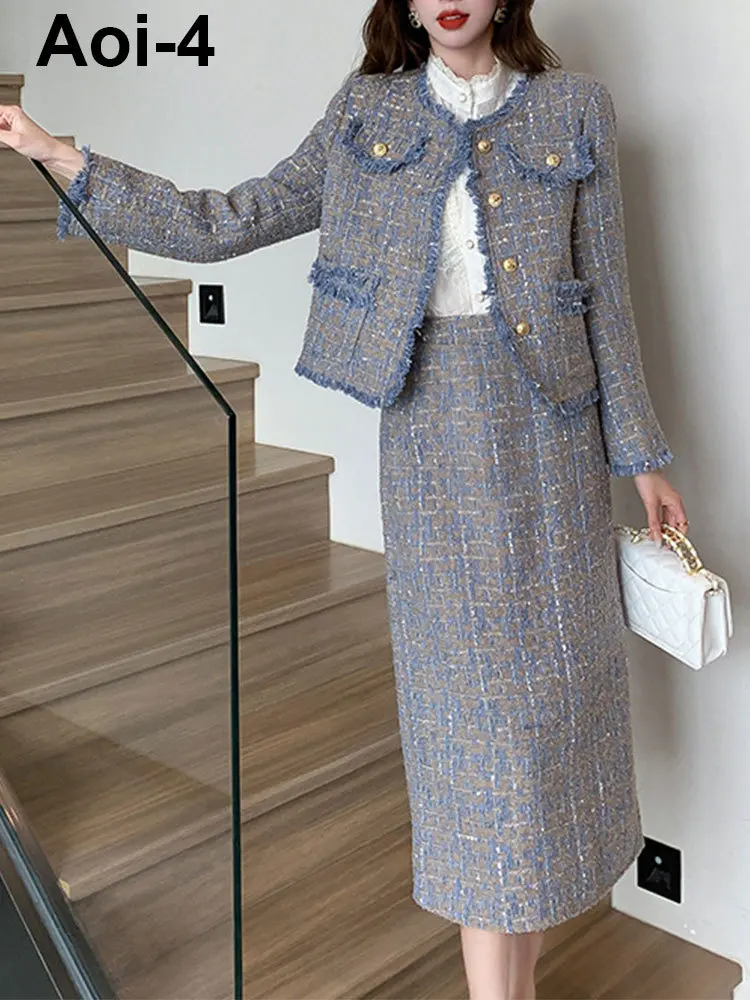 

French Elegant Tweed Splicing Suit Women's 2023 Autumn Winter Round Neck Gold Buckle Tassel Coat+Split Long Skirt Two-Piece Set