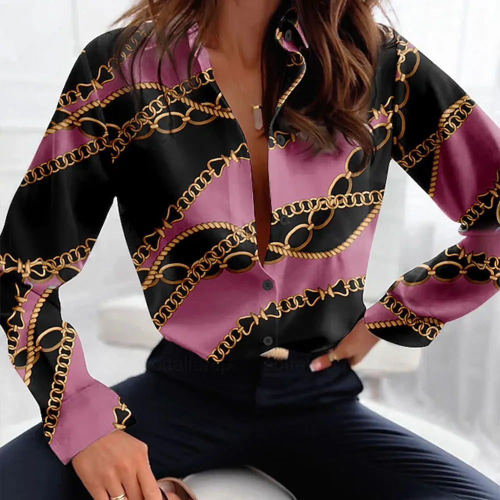 New Women\'s Casual Long Sleeve Shirt Single Breasted V Neck Loose Lapel Tops 3d Chain Printed Fashionable Versatile Basic Shirts