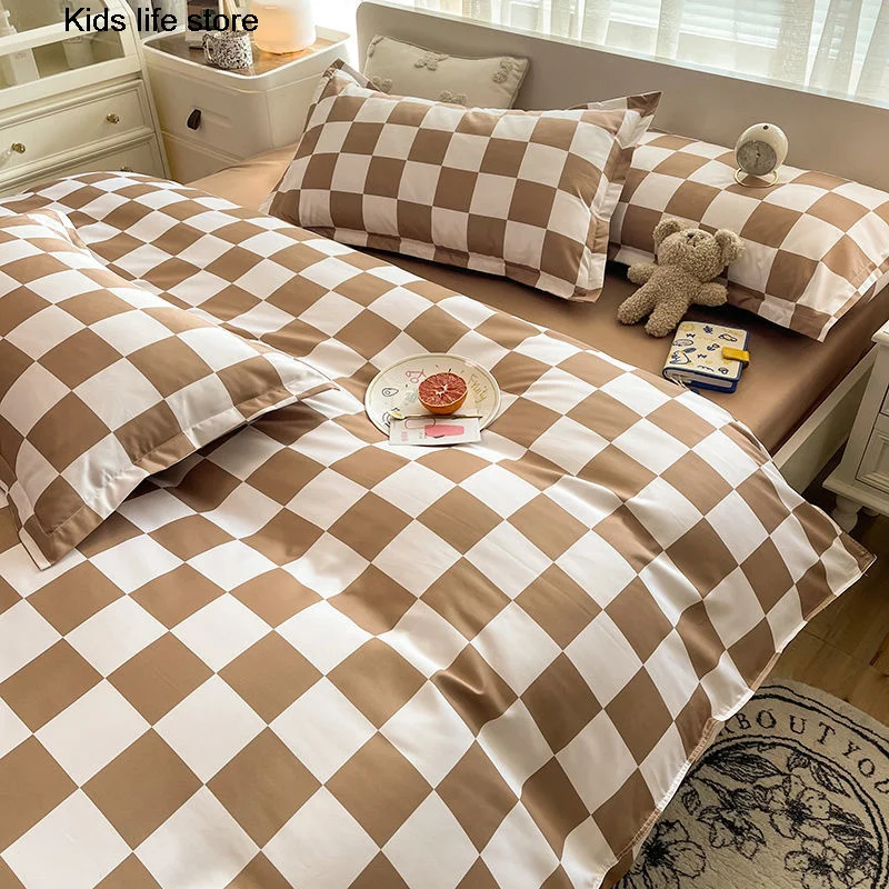 

Checkerboard Printed Bedding Set With Quilt Cover Flat Sheet Pillowcase Kids Girls Adult Boys Twin Queen Size Bed Linen