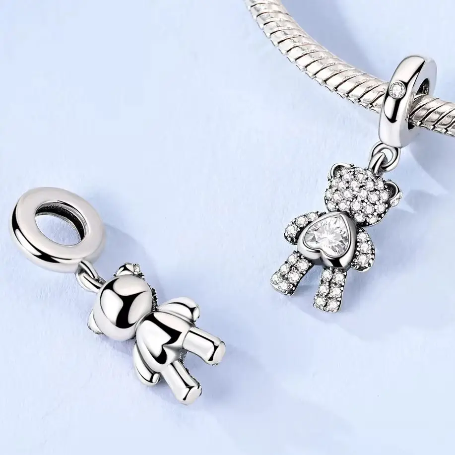 

925 Silver Charm For Woman Zircon Shining Little Bear Fit Bracelet Diy Fine Jewelry