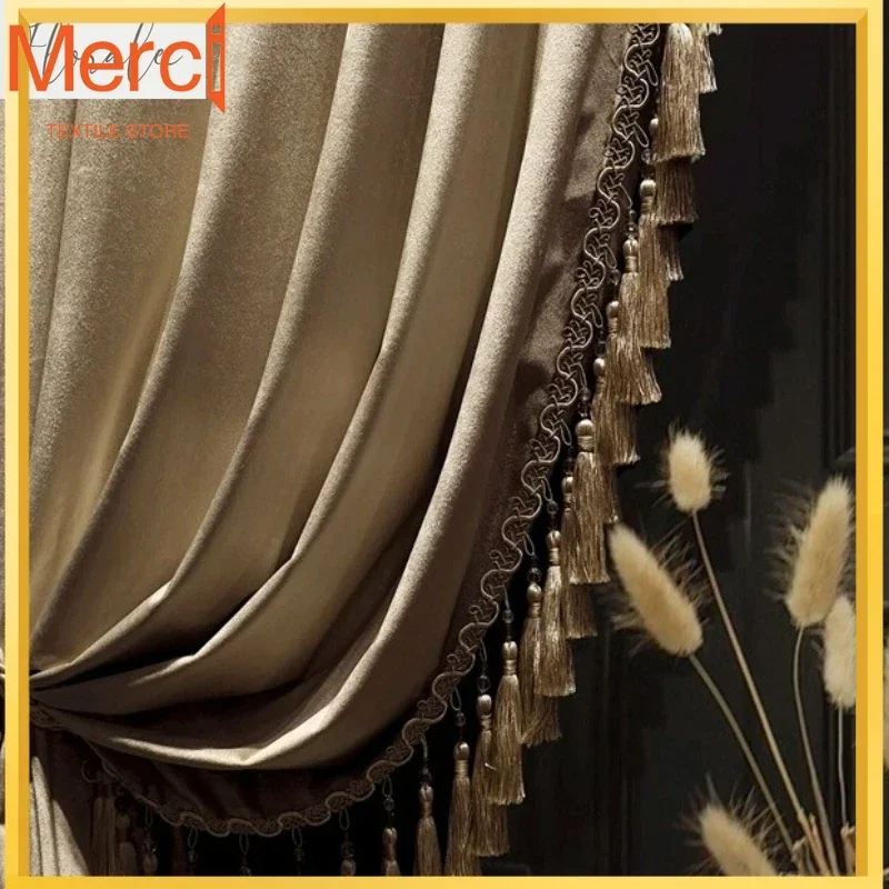 

Milk Tea Color French Luxury High-end Velvet Curtains European Blackout Solid Color Curtains For Living Room Bedroom Custom Size
