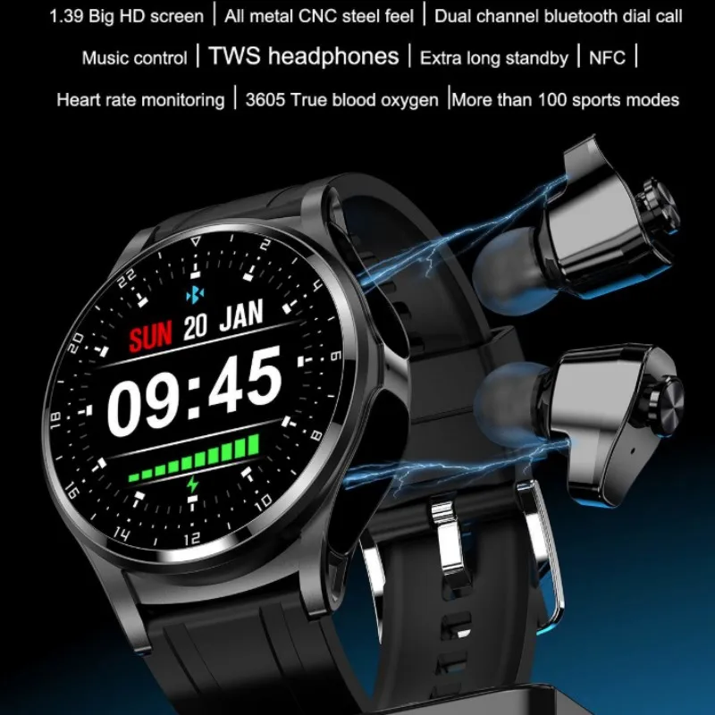 TWS 2-в-1 Смарт-часы 1,39-дюймовый HD-экран Bluetooth-вызовы Запись Секундомер NFC Пульт дистанционного управления Камера Функция Монитор уровня