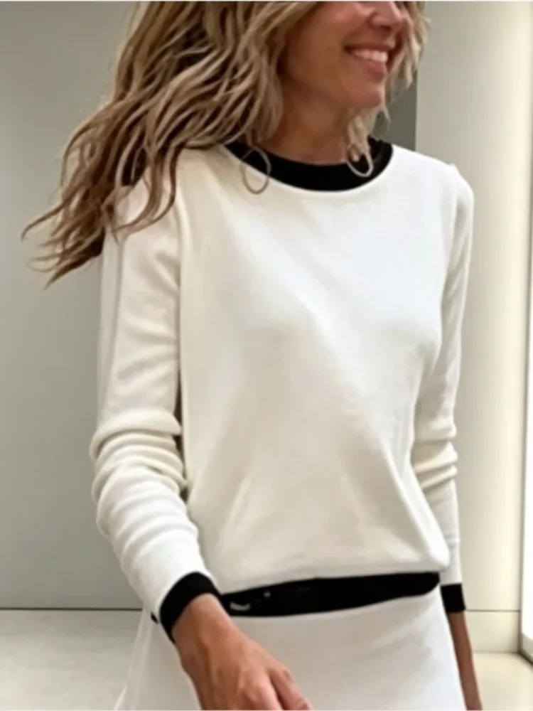 Women White Long Sleeve T Shirt Top Elegant Round Neck Shoulder Strap Decor Fit Tshirts Office Lady Casual T-shirts Autumn New