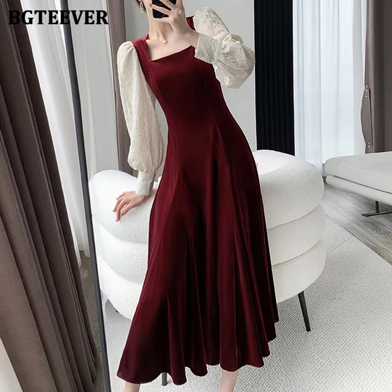 BGTEEVER Vintage Women Patchwork Long Sleeve Mid-Length Dress Autumn Winter Slim Waist Elegant Female A-ine Velvet Dress
