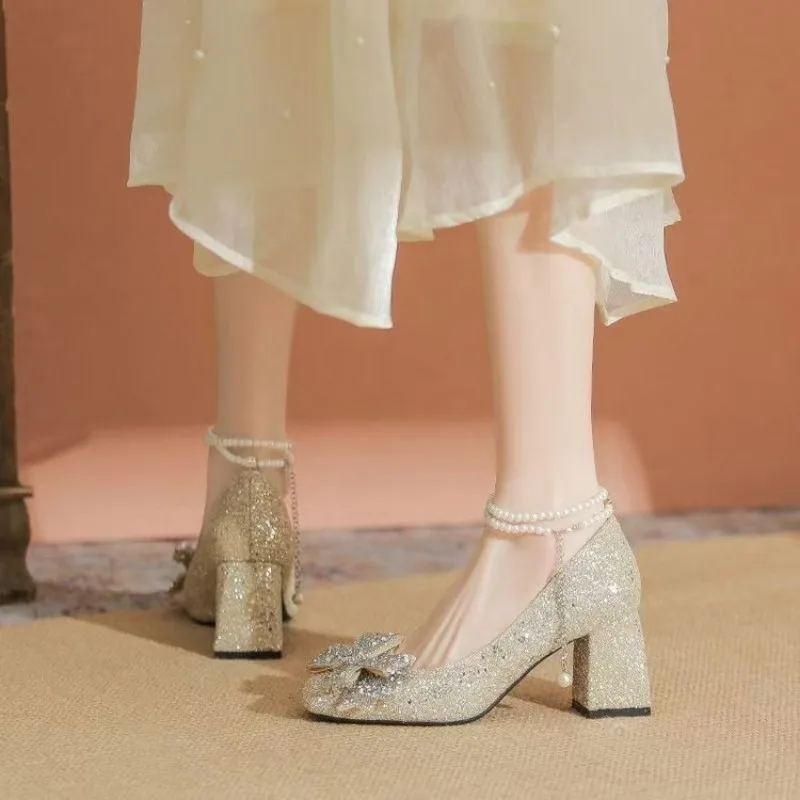 

Women's Rhinestone Wedding Shoes New Year Shoes Luxury Buckle Decorative Banquet Women's Shoes High Heels Gold Silver Butterfly