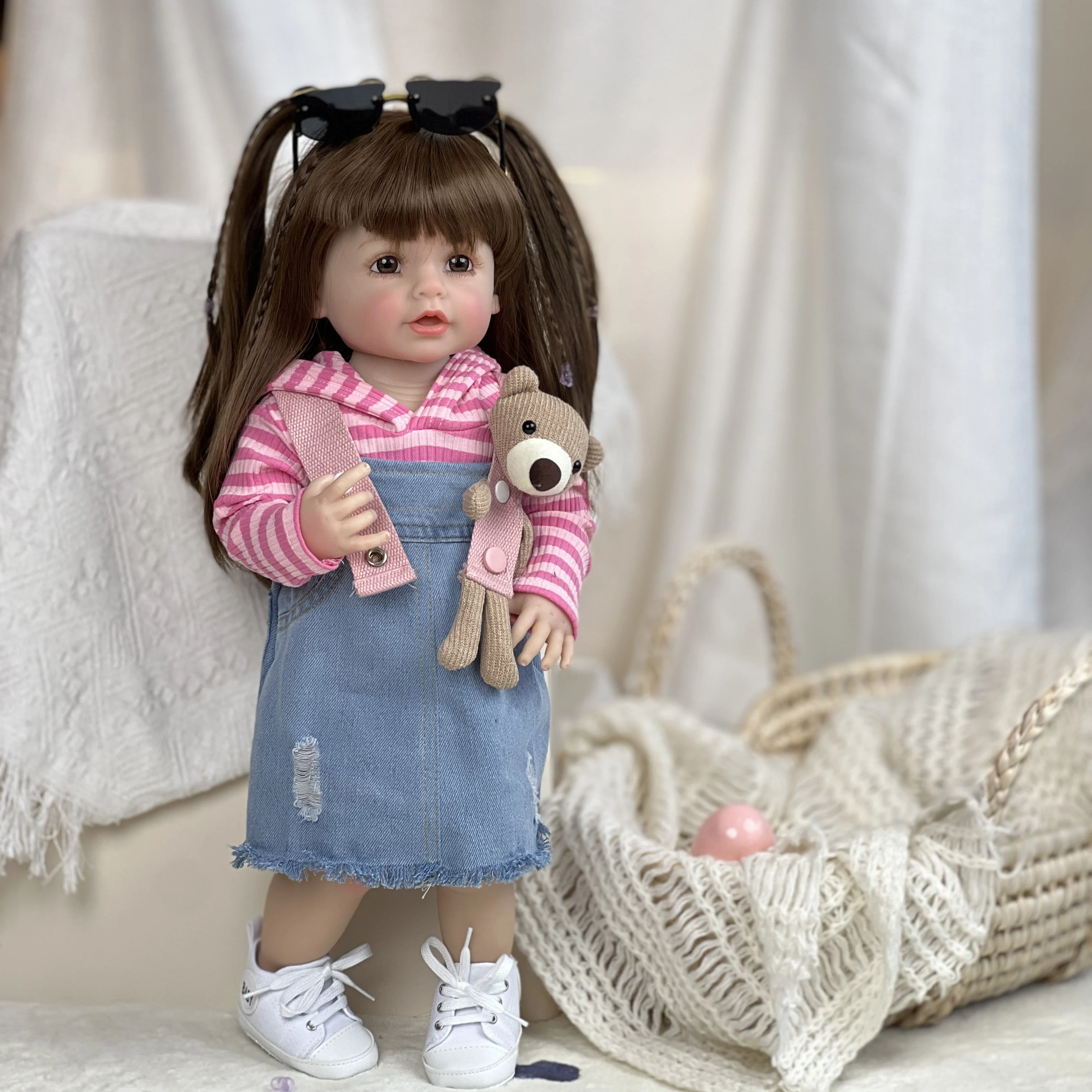 Lovely Toddler 22 Inch Reborn Bebe Full Body Silicone Vinyl Handmade Long Hair Realistic Standing Baby Toy Doll real