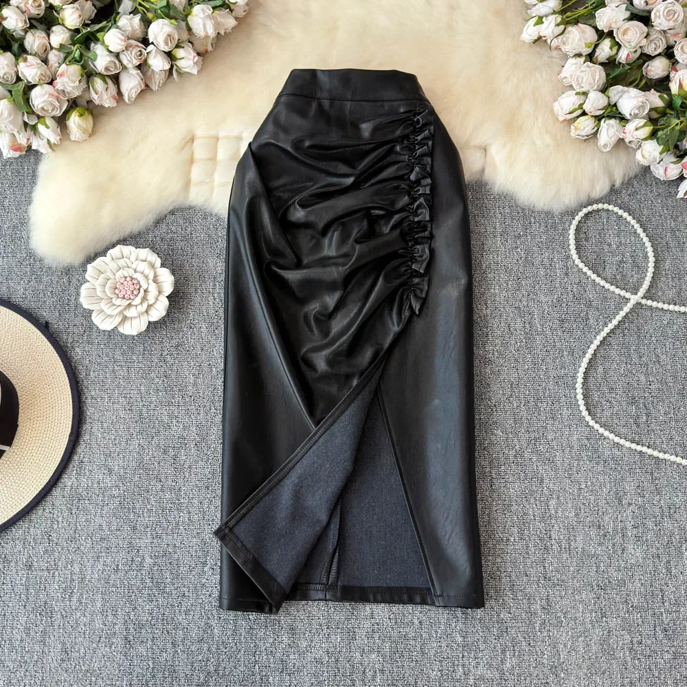 Basics Vintage PU Leather Elegant High Waist Chic Asymmetrical Side Fork Slim Skirt French High Street Autumn Winter Clothing