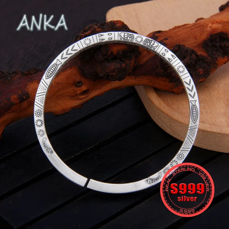 

ANKA NEW Foot silver S999 small fish totem solid bracelet men and women bracelets Mori retro Chinese style personality